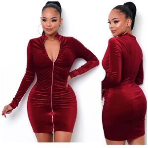 Red Velvet Zippered Mini Dress